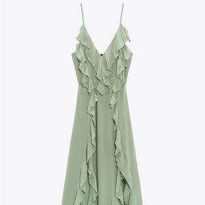 Zara Green Ruched Sundress with Spaghetti Straps